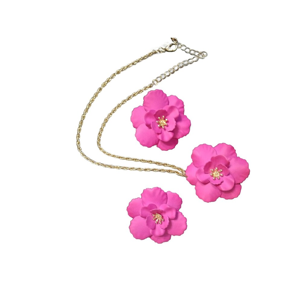 3 pc Bright Firm Pink Flower Earrings NECKLACE Jewelry Set - Picture 6 of 7